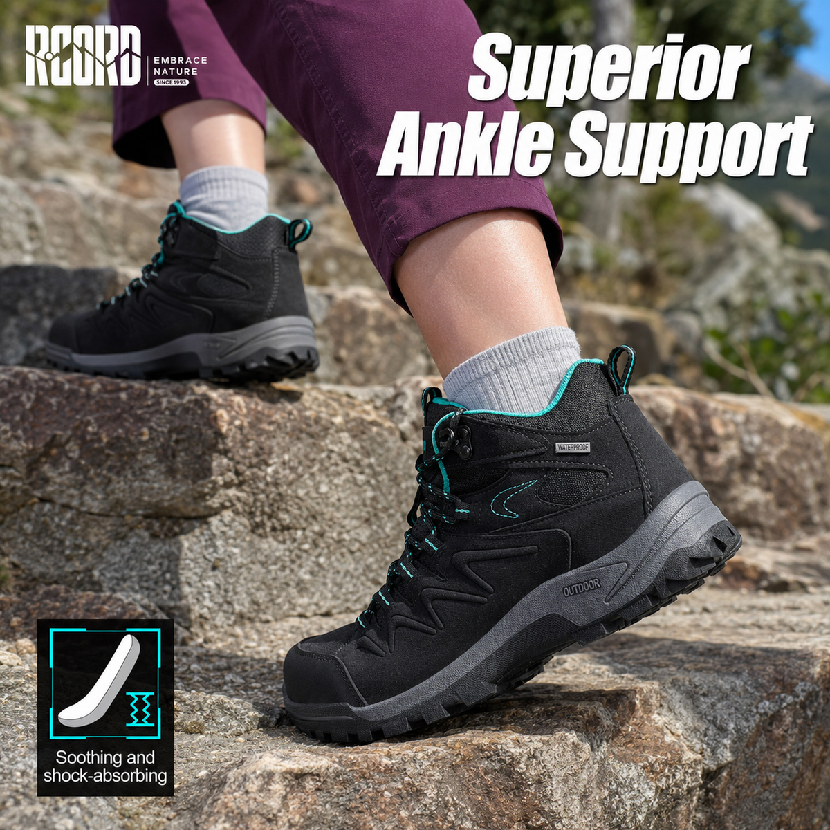 R CORD Women's Hiking Boots with Ankle Support & Non-Slip Grip