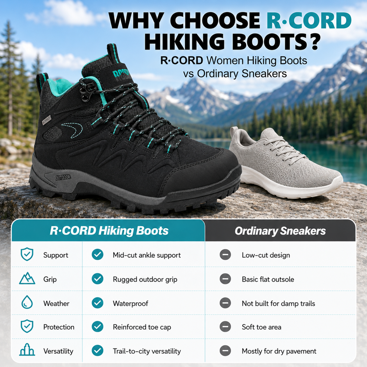 R CORD Women's Hiking Boots with Ankle Support & Non-Slip Grip
