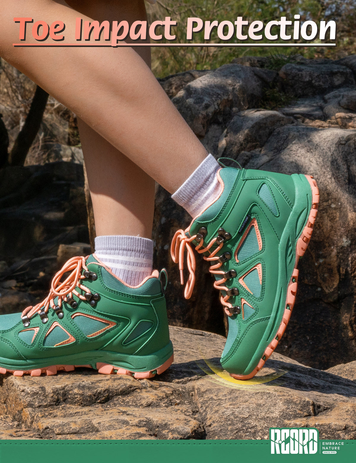 kids hiking boots with toe protection for bumps, rocks and outdoor obstacles [color:GreenPeach]