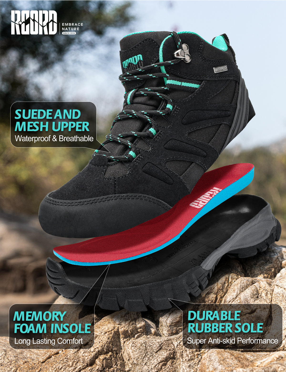 R CORD Women's Waterproof Hiking Boots Comfortable for Day Hikes