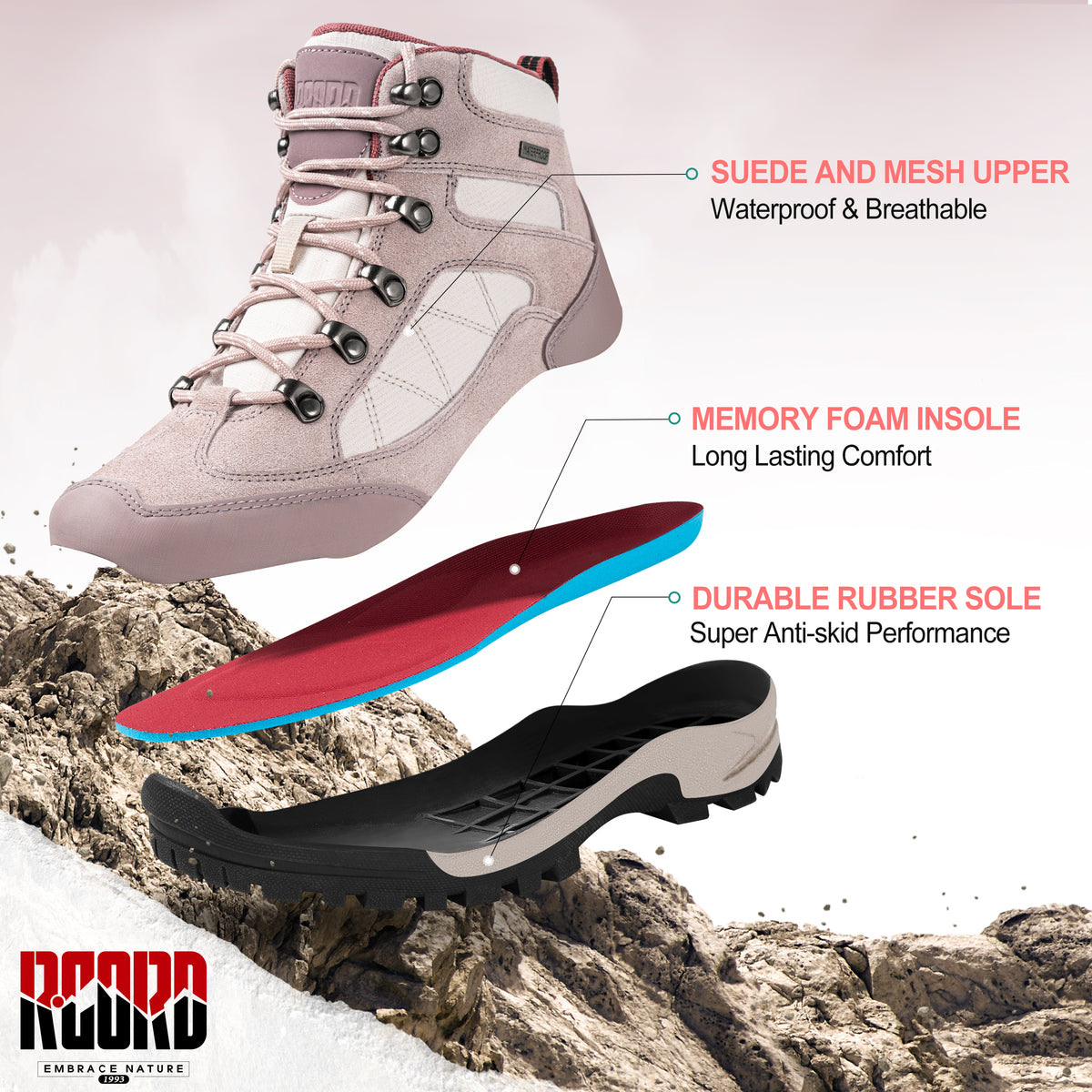 R CORD Women’s Waterproof Hiking Boots Non-Slip for Day Hiking