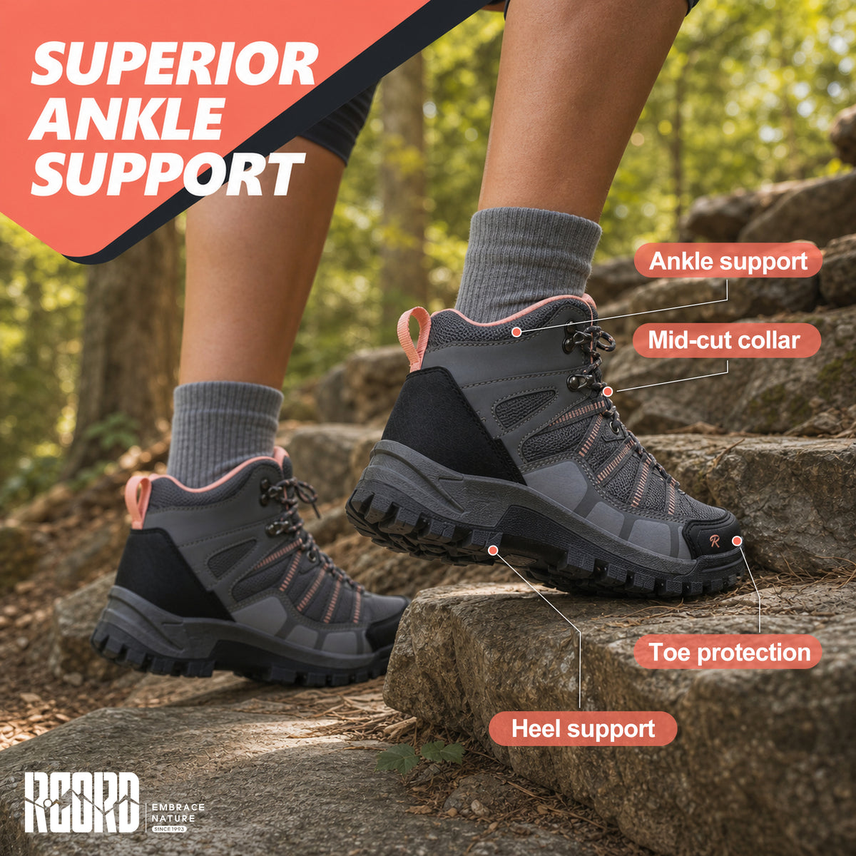R CORD Women's Non-Slip Hiking Boots with Breathable Comfort