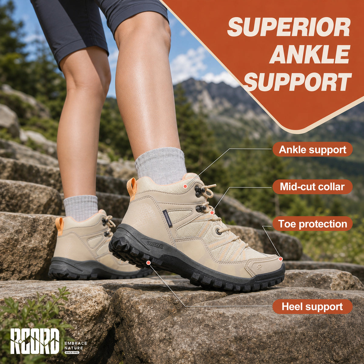 R CORD Women's Non-Slip Hiking Boots with Breathable Comfort