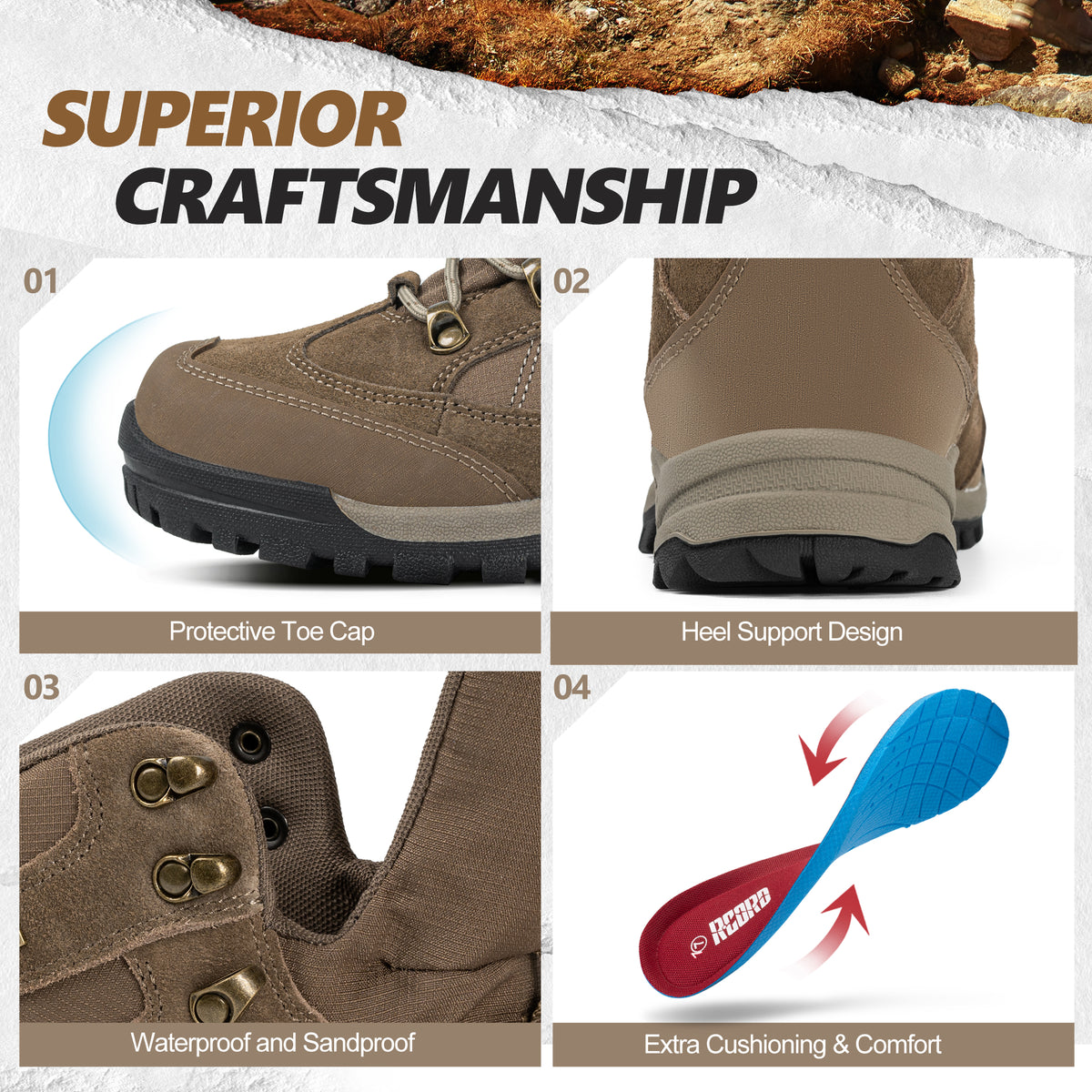 R CORD Women’s Waterproof Hiking Boots Non-Slip for Day Hiking