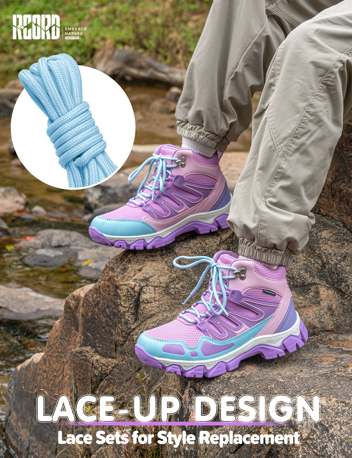Breathable waterproof girls hiking boots with lace-up closure for comfortable school days, outdoor play and travel [color:Purple]