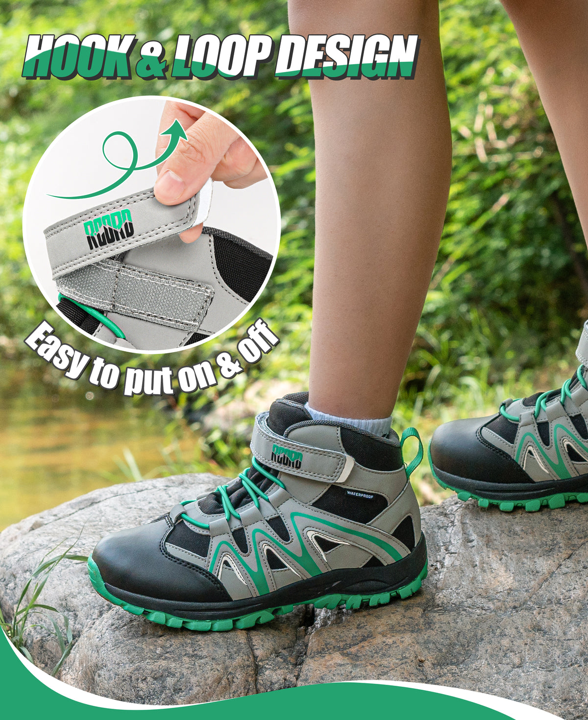 Comfortable waterproof girls hiking boots with easy hook-and-loop closure for daily wear and family outings [color:BlackGreen]