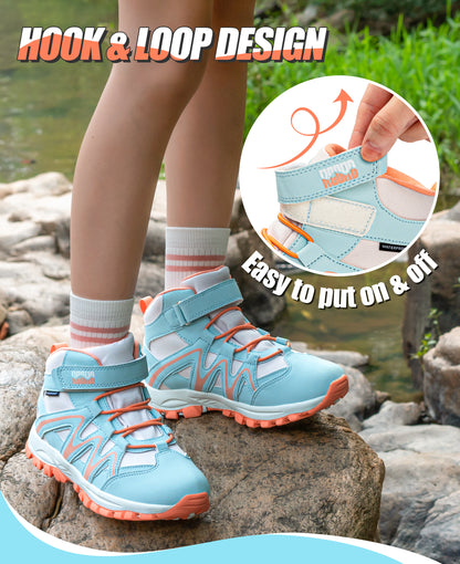 Comfortable waterproof girls hiking boots with easy hook-and-loop closure for daily wear and family outings [color:BluePeach]