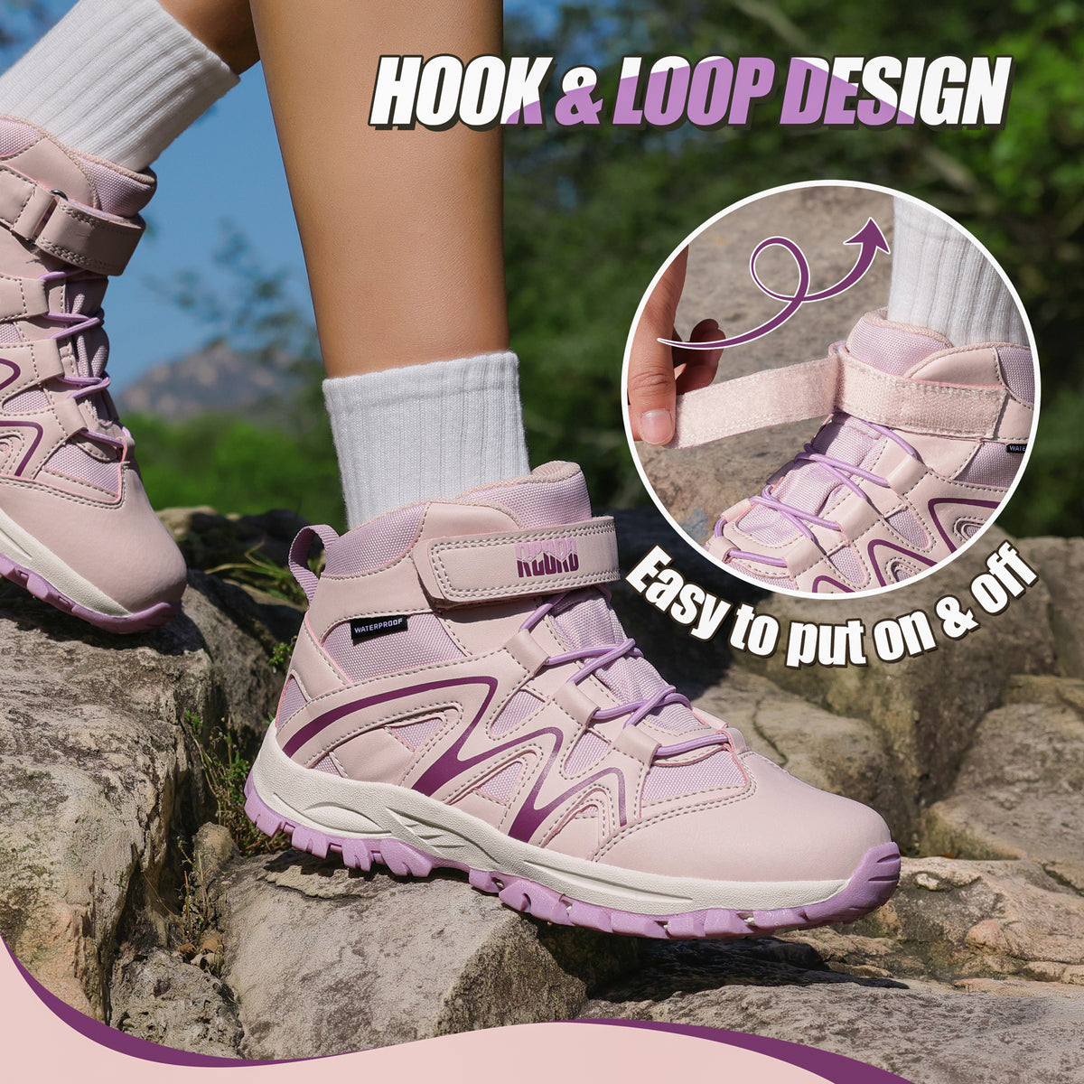 Comfortable waterproof girls hiking boots with easy hook-and-loop closure for daily wear and family outings [color:LightPurple]