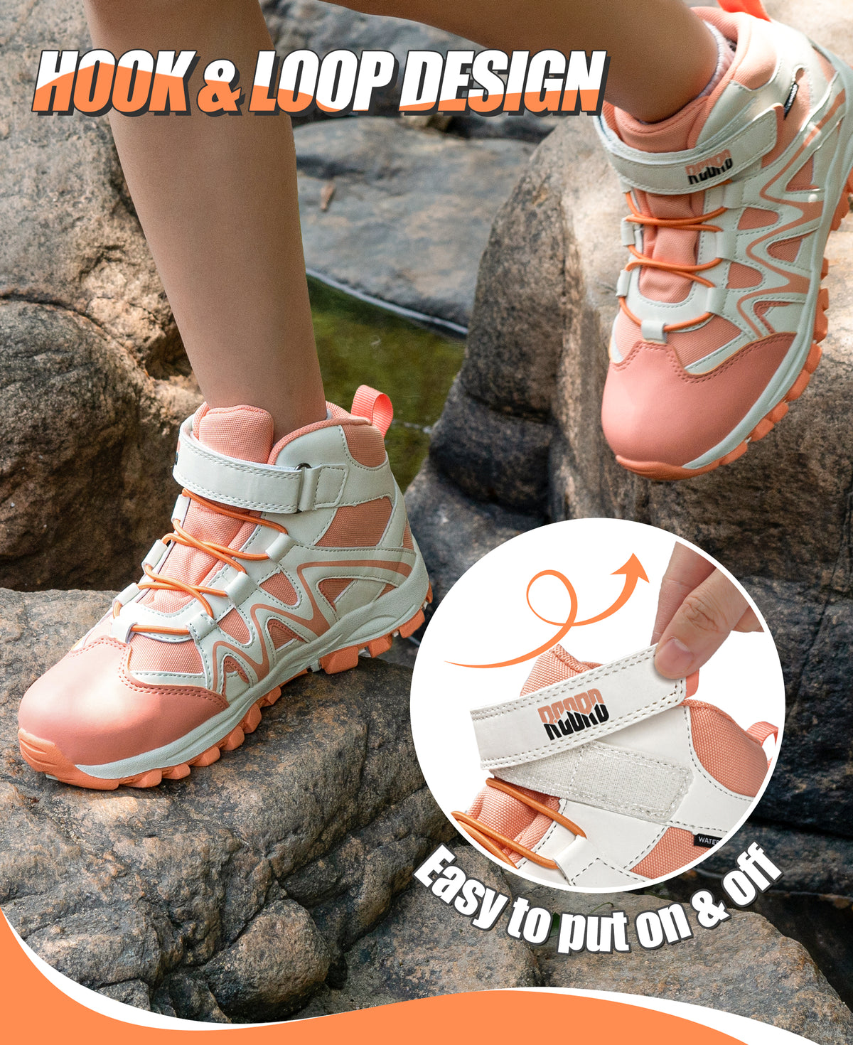 Comfortable waterproof girls hiking boots with easy hook-and-loop closure for daily wear and family outings [color:Peach]