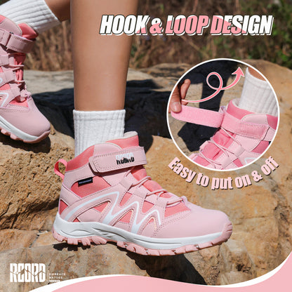 Comfortable waterproof girls hiking boots with easy hook-and-loop closure for daily wear and family outings [color:Pink]