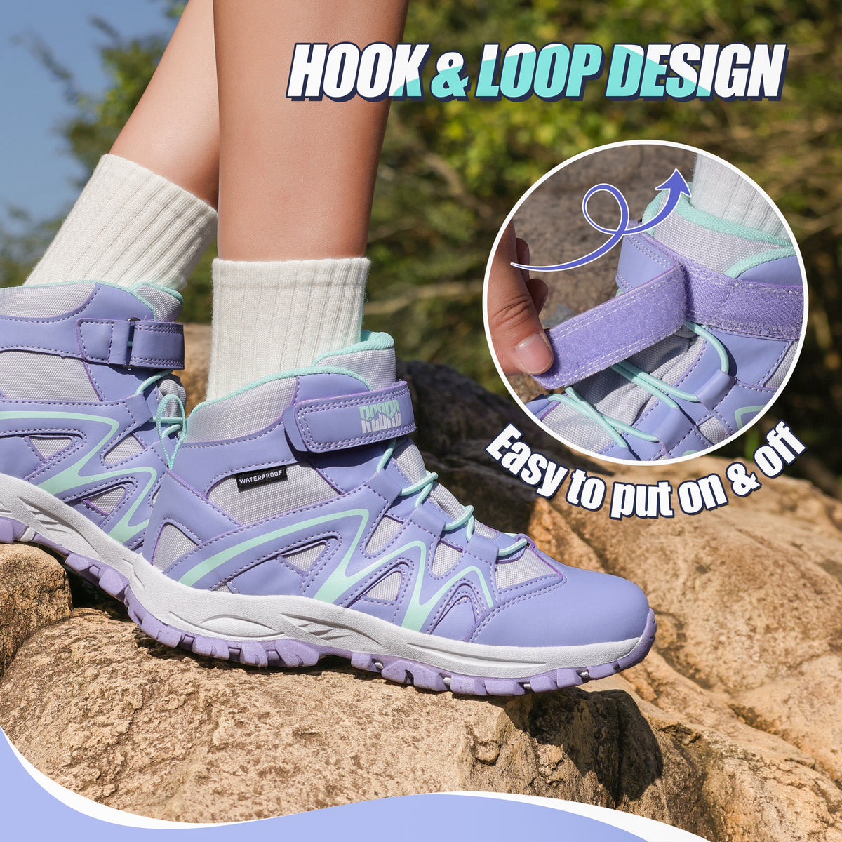 Comfortable waterproof girls hiking boots with easy hook-and-loop closure for daily wear and family outings [color:Turquoise]