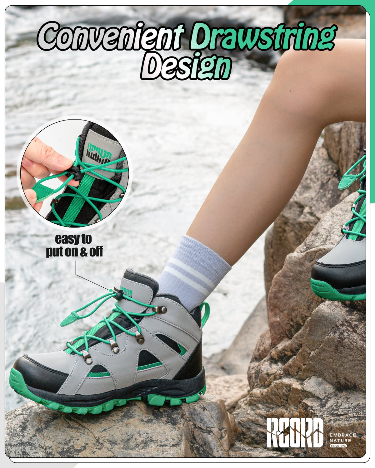 Comfortable waterproof kids hiking boots with adjustable lace-up closure for school, playground and park days [color:BlackGreen]