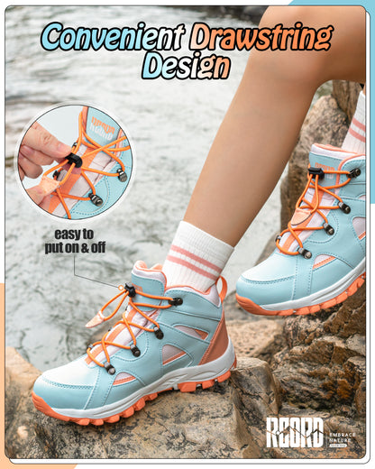 Comfortable waterproof kids hiking boots with adjustable lace-up closure for school, playground and park days [color:BluePeach]