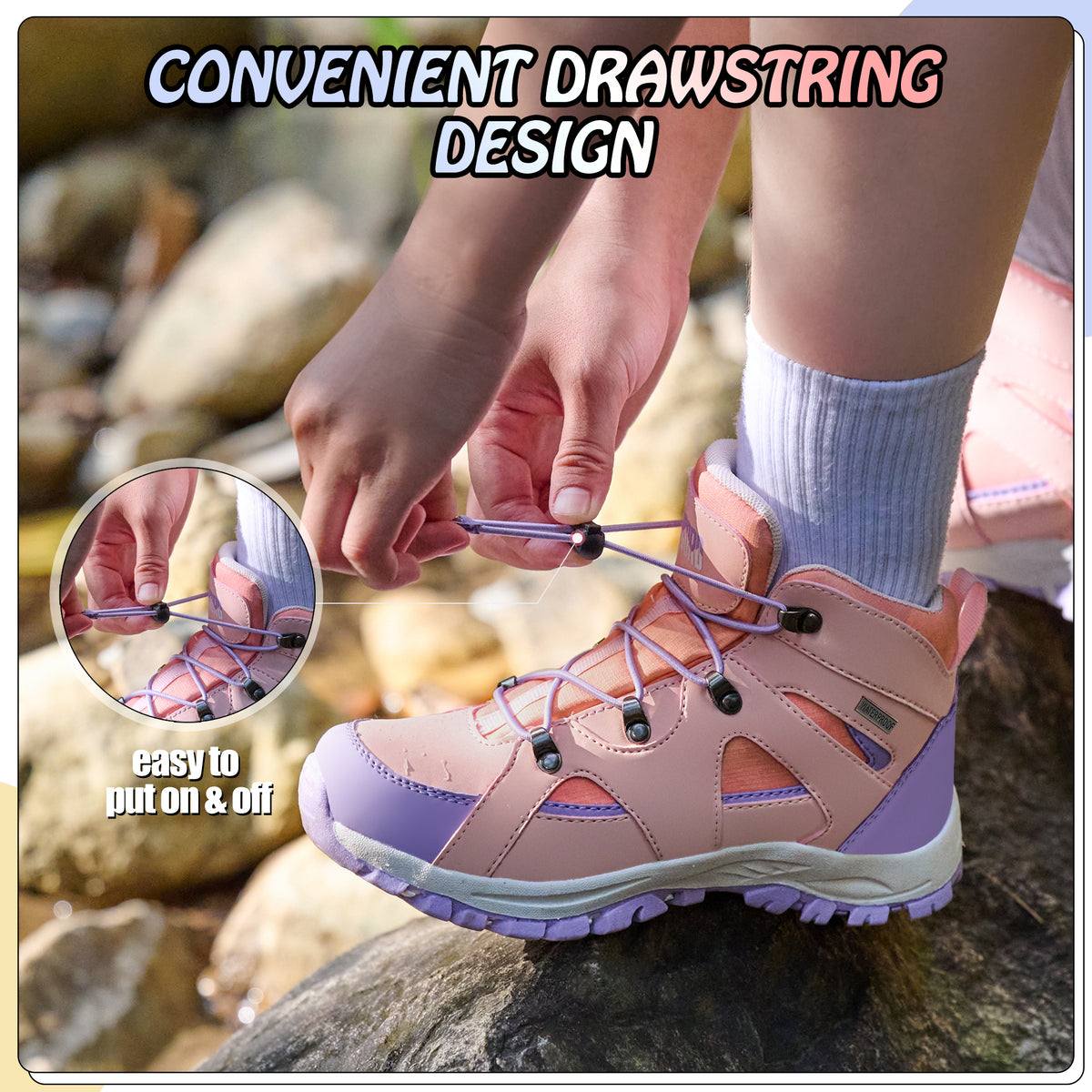 Comfortable waterproof kids hiking boots with adjustable lace-up closure for school, playground and park days [color:Peach]