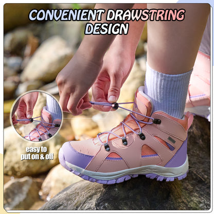 Comfortable waterproof kids hiking boots with adjustable lace-up closure for school, playground and park days [color:Peach]