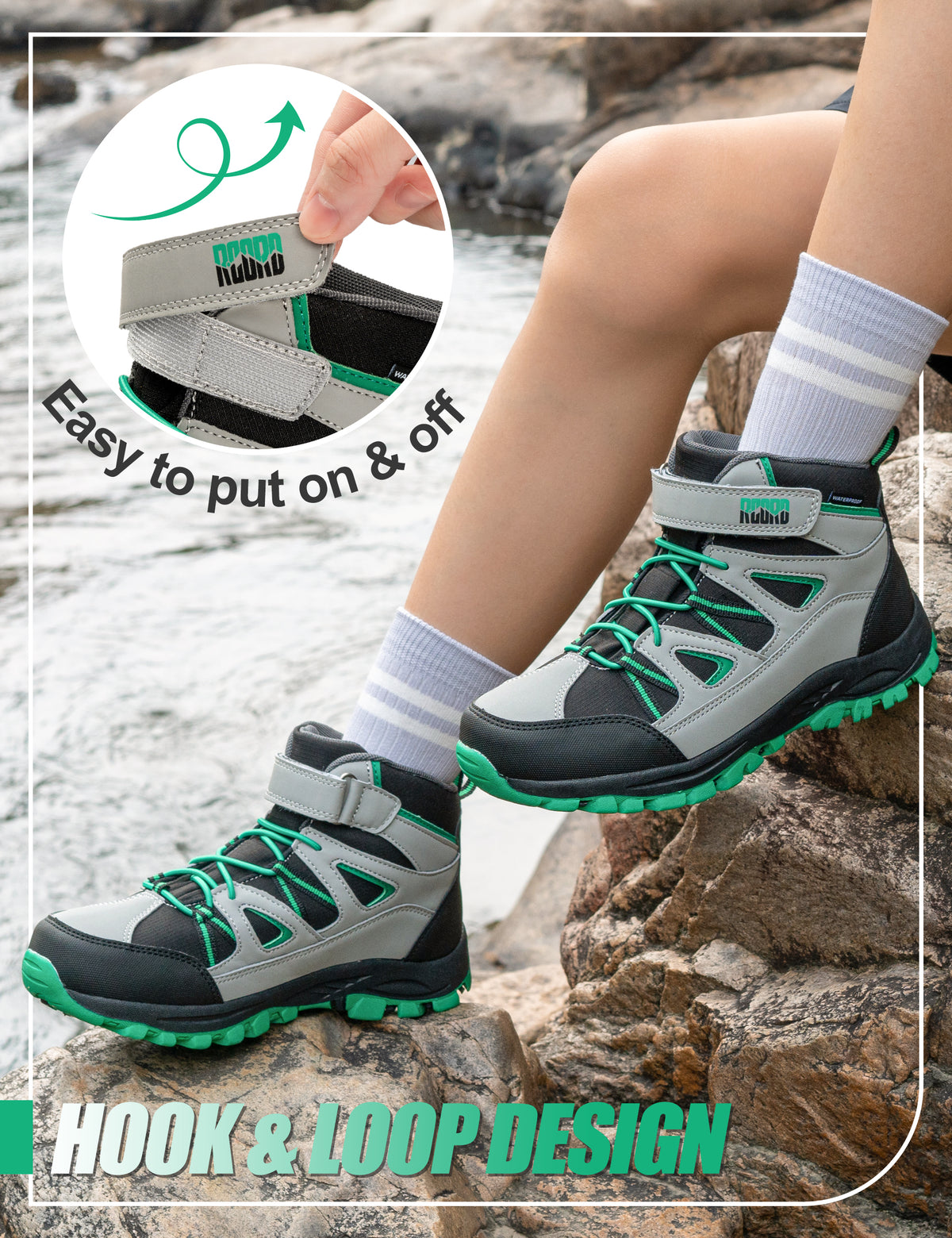 Durable waterproof girls hiking boots with hook-and-loop closure for fast on-and-off before rocky trail adventures [color:BlackGreen]