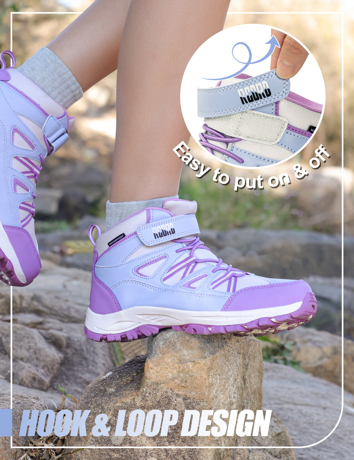 Durable waterproof girls hiking boots with hook-and-loop closure for fast on-and-off before rocky trail adventures [color:Blue]