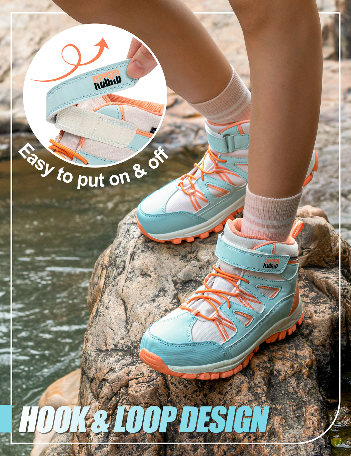 Durable waterproof girls hiking boots with hook-and-loop closure for fast on-and-off before rocky trail adventures [color:BluePeach]
