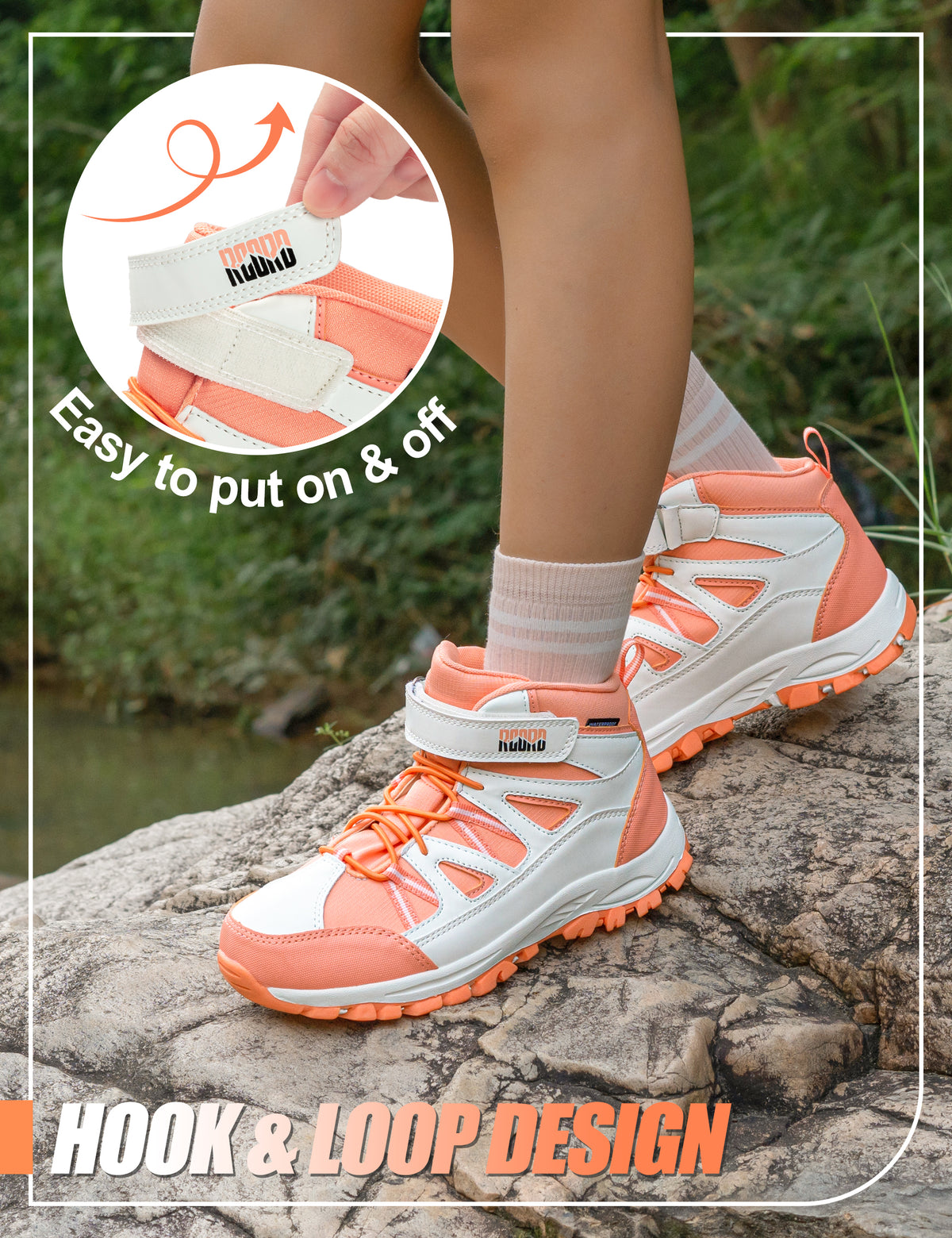 Durable waterproof girls hiking boots with hook-and-loop closure for fast on-and-off before rocky trail adventures [color:Peach]