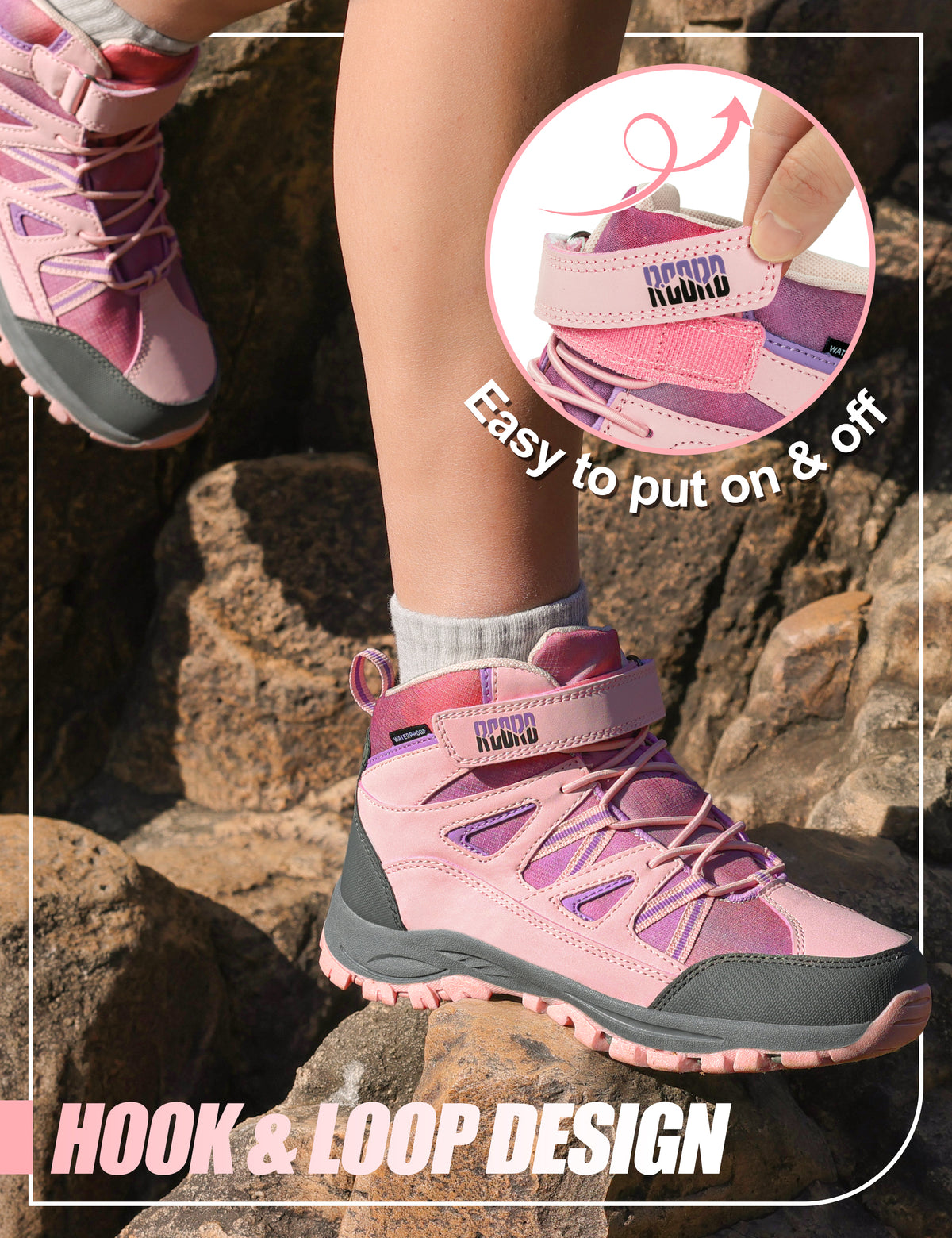 Durable waterproof girls hiking boots with hook-and-loop closure for fast on-and-off before rocky trail adventures [color:Pink]
