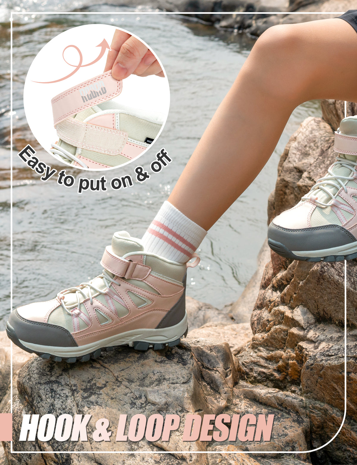 Durable waterproof girls hiking boots with hook-and-loop closure for fast on-and-off before rocky trail adventures [color:PinkGrey]