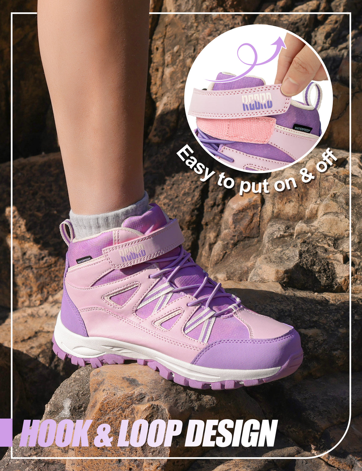 Durable waterproof girls hiking boots with hook-and-loop closure for fast on-and-off before rocky trail adventures [color:Purple]