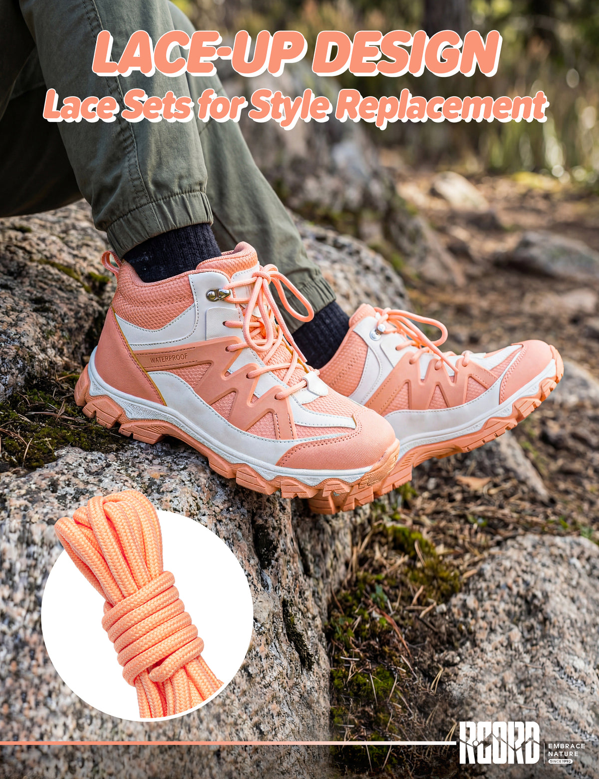 Flexible waterproof kids hiking boots with adjustable lace-up closure for natural movement at the park, on trips and easy trails [color:Peach]
