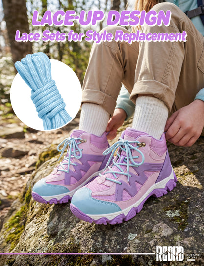 Flexible waterproof kids hiking boots with adjustable lace-up closure for natural movement at the park, on trips and easy trails [color:Purple]