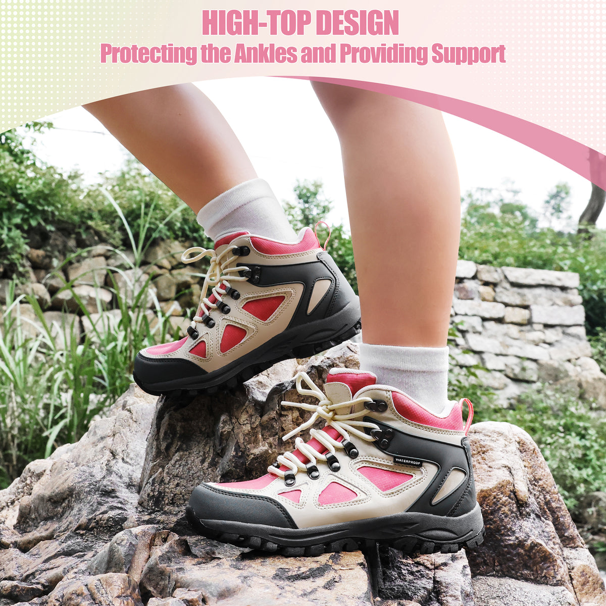 kids hiking boots with ankle support for stable steps on family hiking, camping [color:Beige]