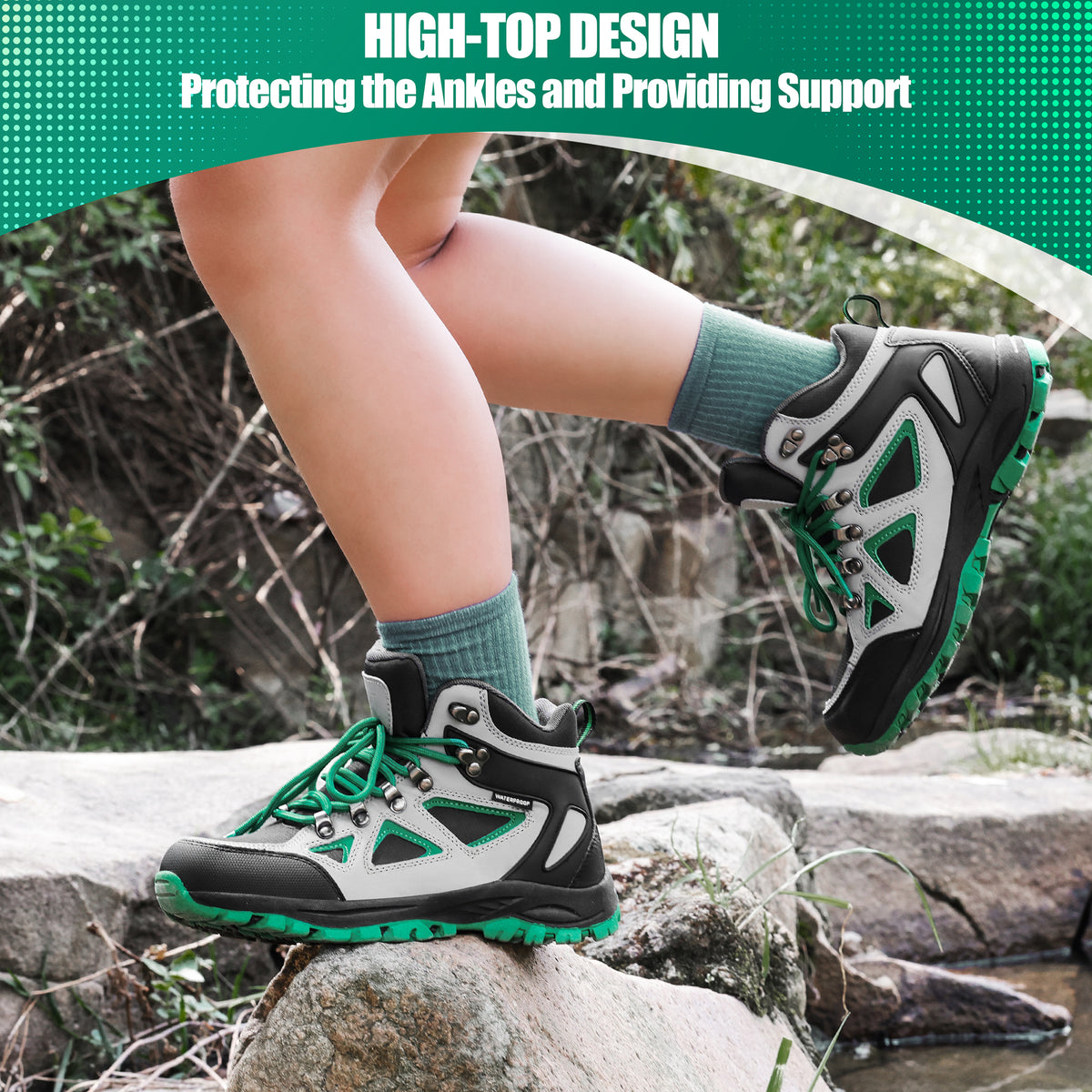 kids hiking boots with ankle support for stable steps on family hiking, camping [color:BlackGreen]