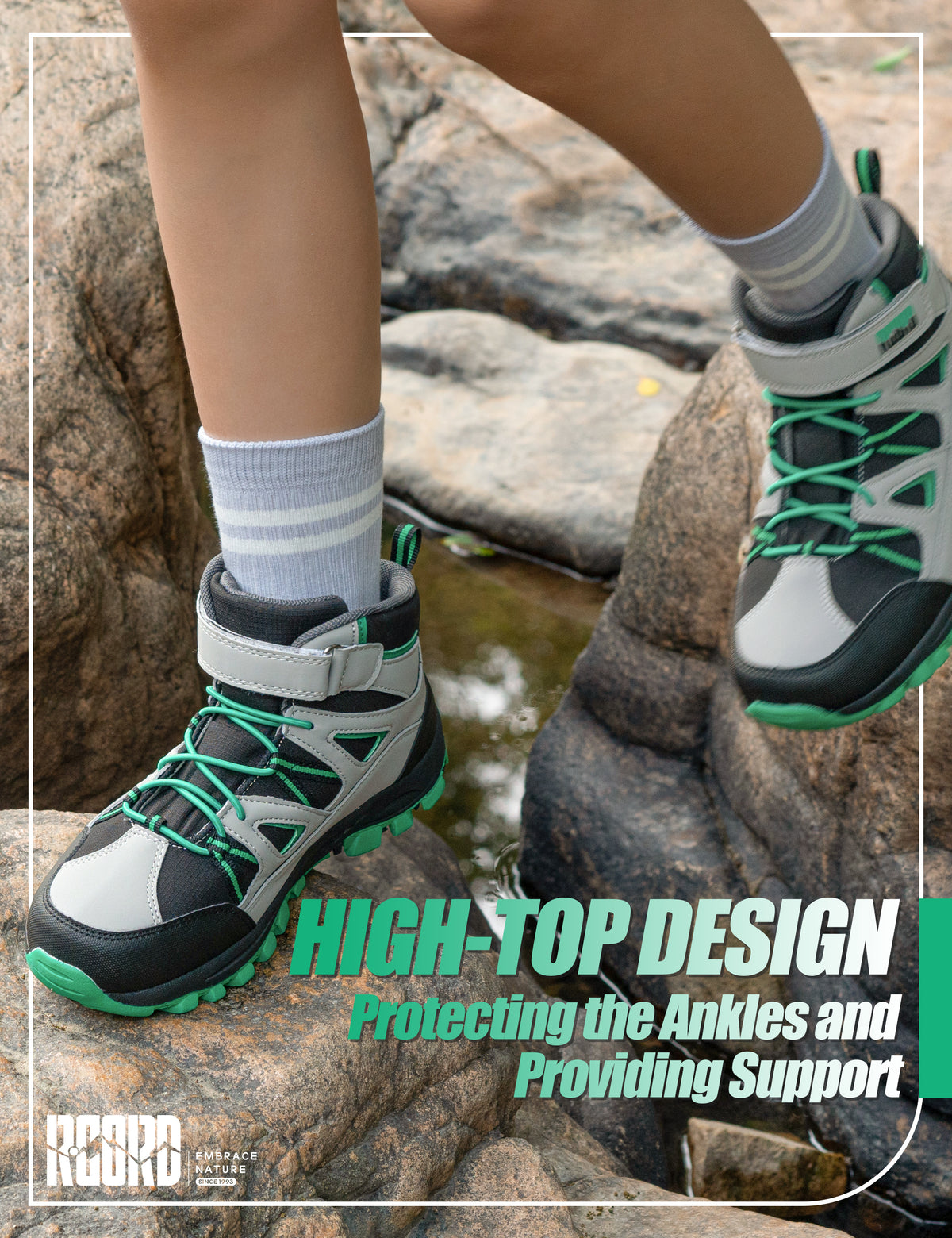girls hiking boots with ankle support for stable steps on rocky trails, dirt paths, outdoor adventures [color:BlackGreen]