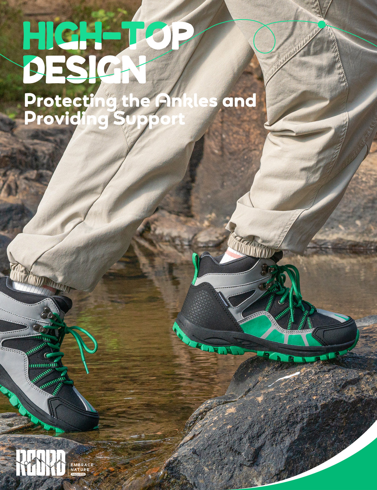 kids hiking boots with ankle support for stable steps on uneven trails, family hiking, trail walking [color:BlackGreen]