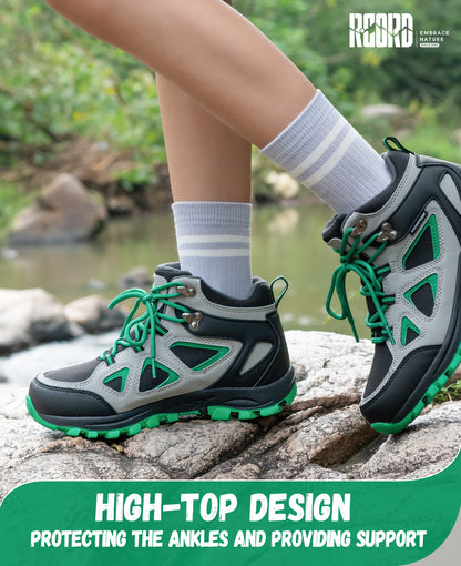 kids hiking boots with ankle support for stable steps on nature walks, day hikes, warm-weather trails [color:BlackGreen]