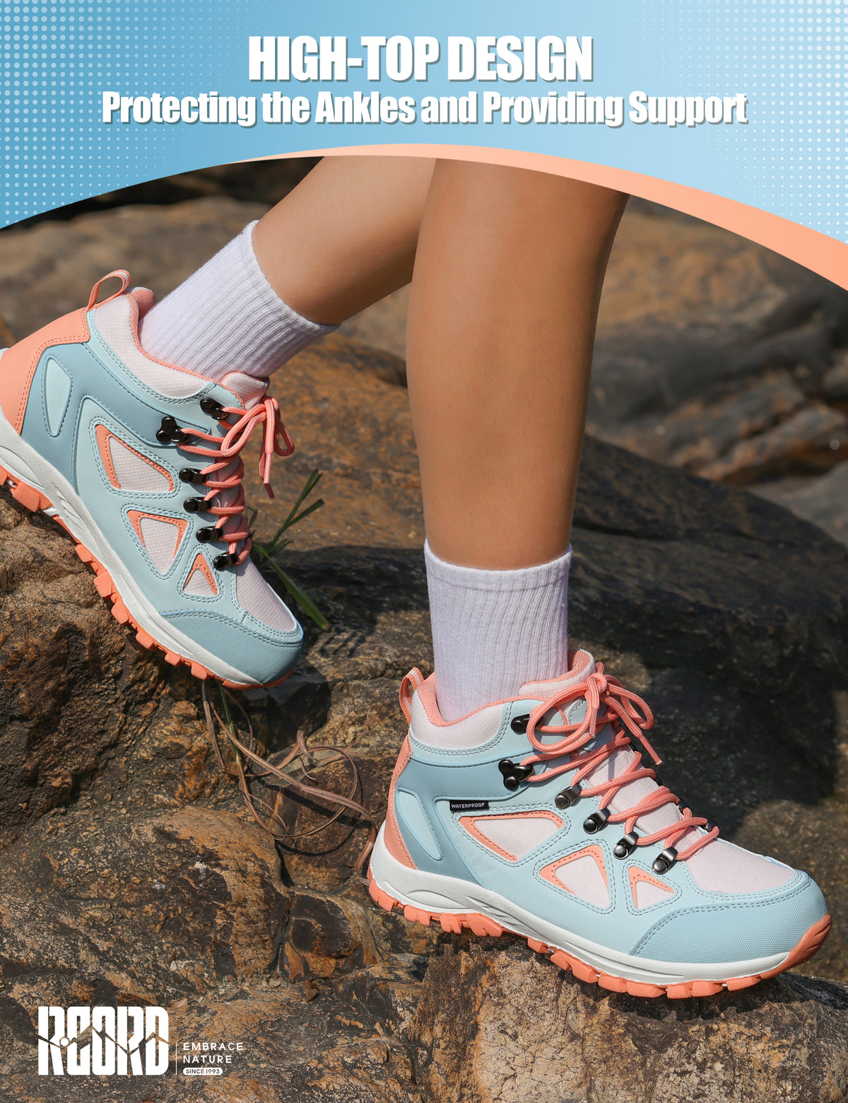 kids hiking boots with ankle support for stable steps on family hiking, camping [color:BluePeach]