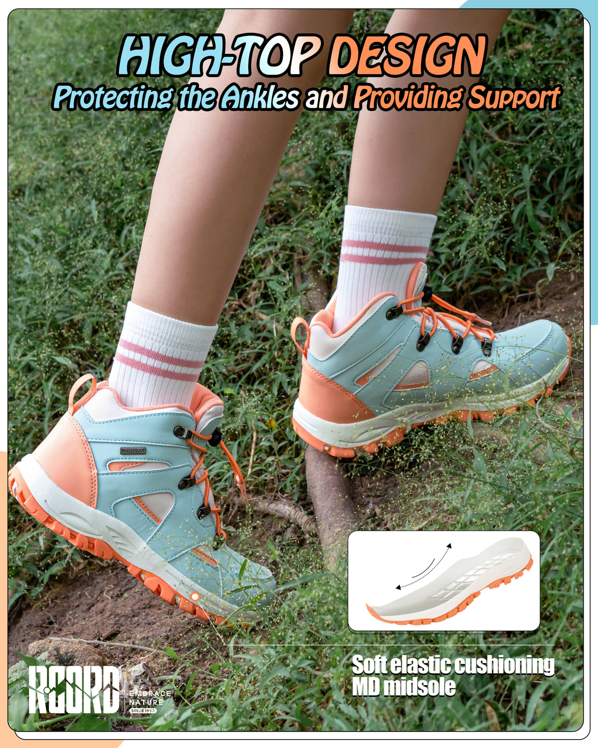 kids hiking boots with supportive ankle coverage for school, playground, park and everyday outdoor movement [color:BluePeach]