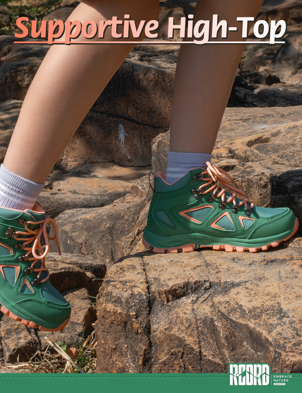 kids hiking boots with ankle support for stable steps on family hiking, camping [color:GreenPeach]