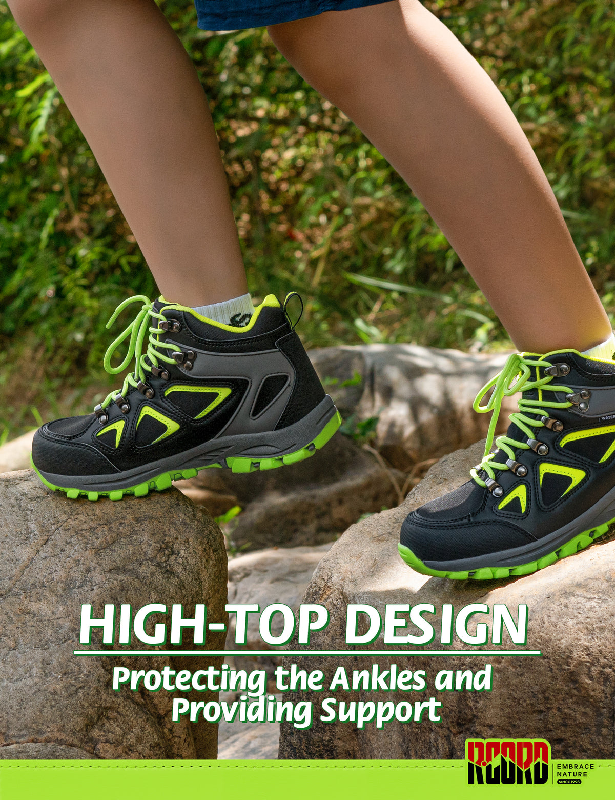 kids hiking boots with ankle support for stable steps on family hiking, camping [color:NeonGreen]