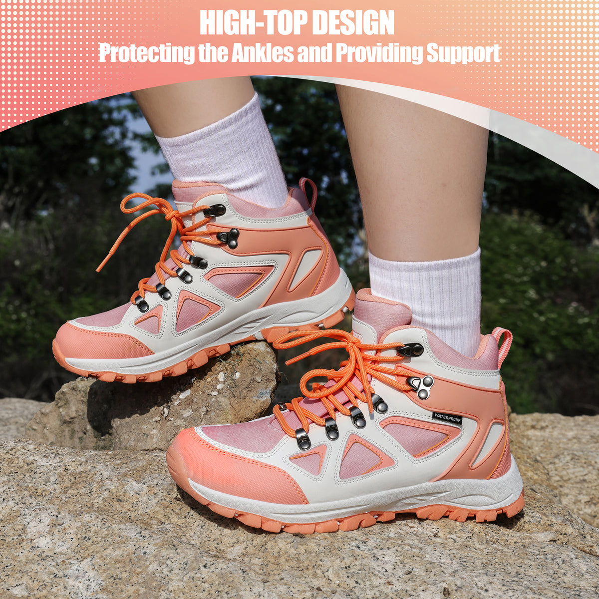 kids hiking boots with ankle support for stable steps on family hiking, camping [color:Peach]