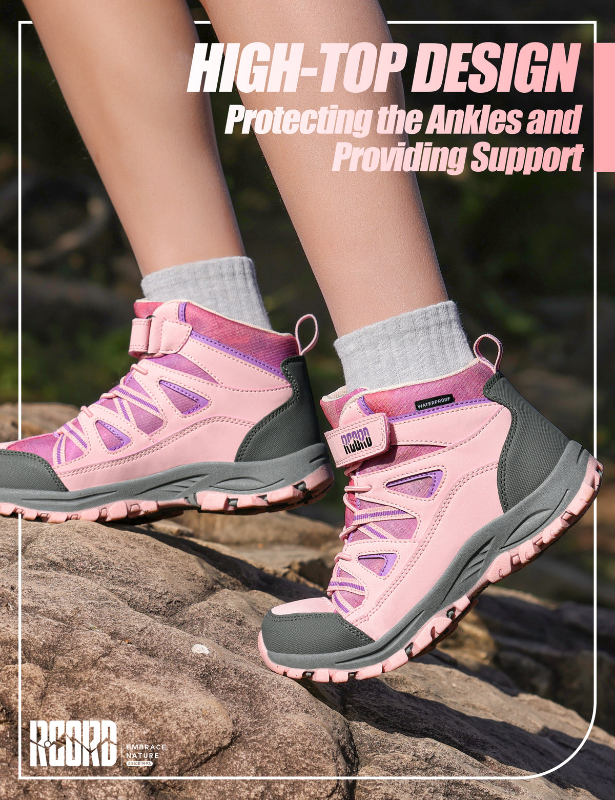girls hiking boots with ankle support for stable steps on rocky trails, dirt paths, outdoor adventures [color:Pink]