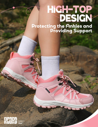 kids hiking boots with ankle support for stable steps on uneven trails, family hiking, trail walking [color:Pink]
