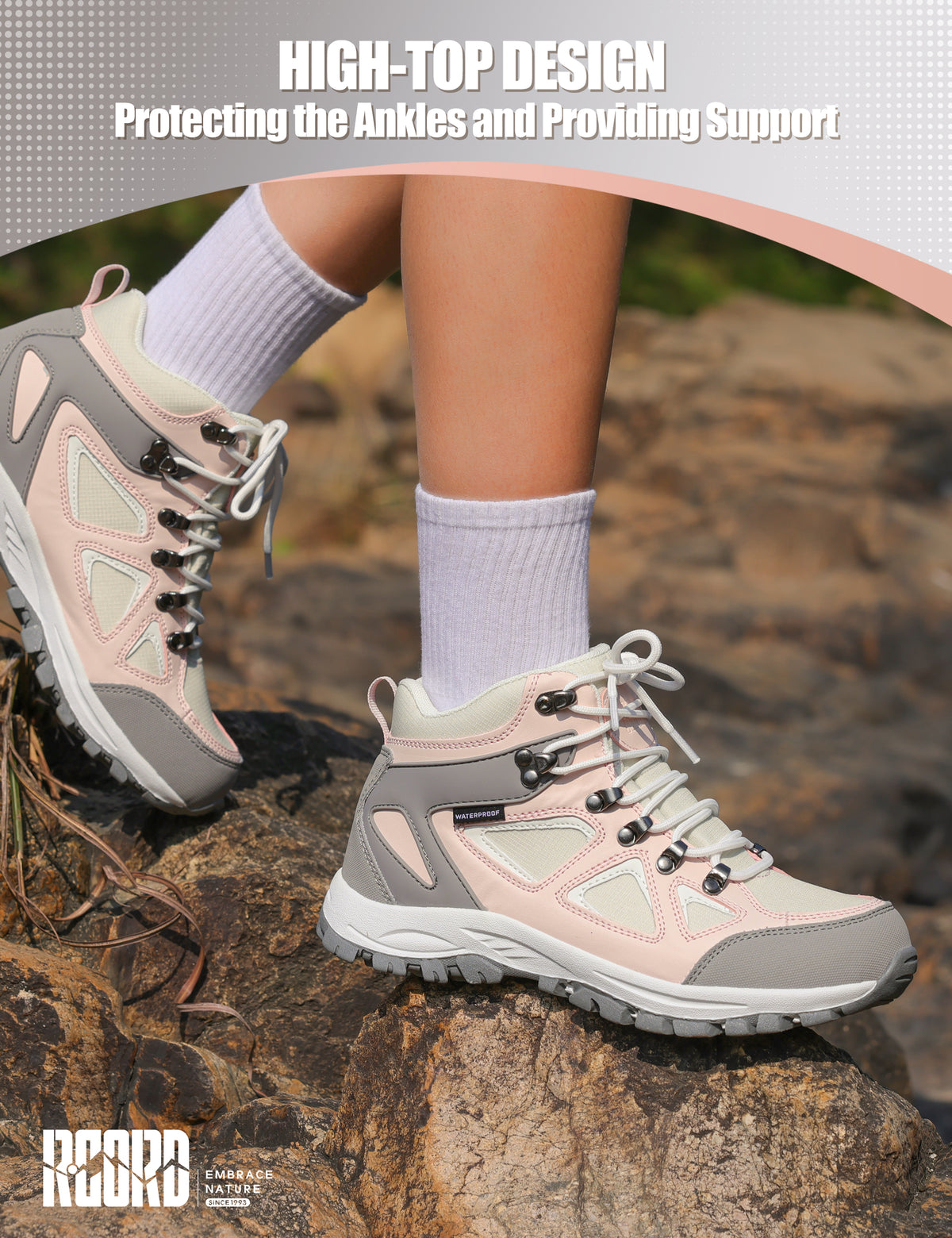 kids hiking boots with ankle support for stable steps on family hiking, camping [color:PinkGrey]