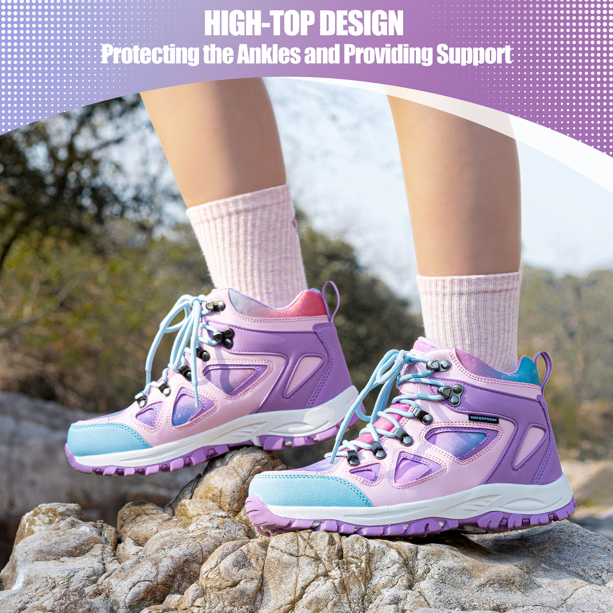 kids hiking boots with ankle support for stable steps on family hiking, camping [color:Purple]
