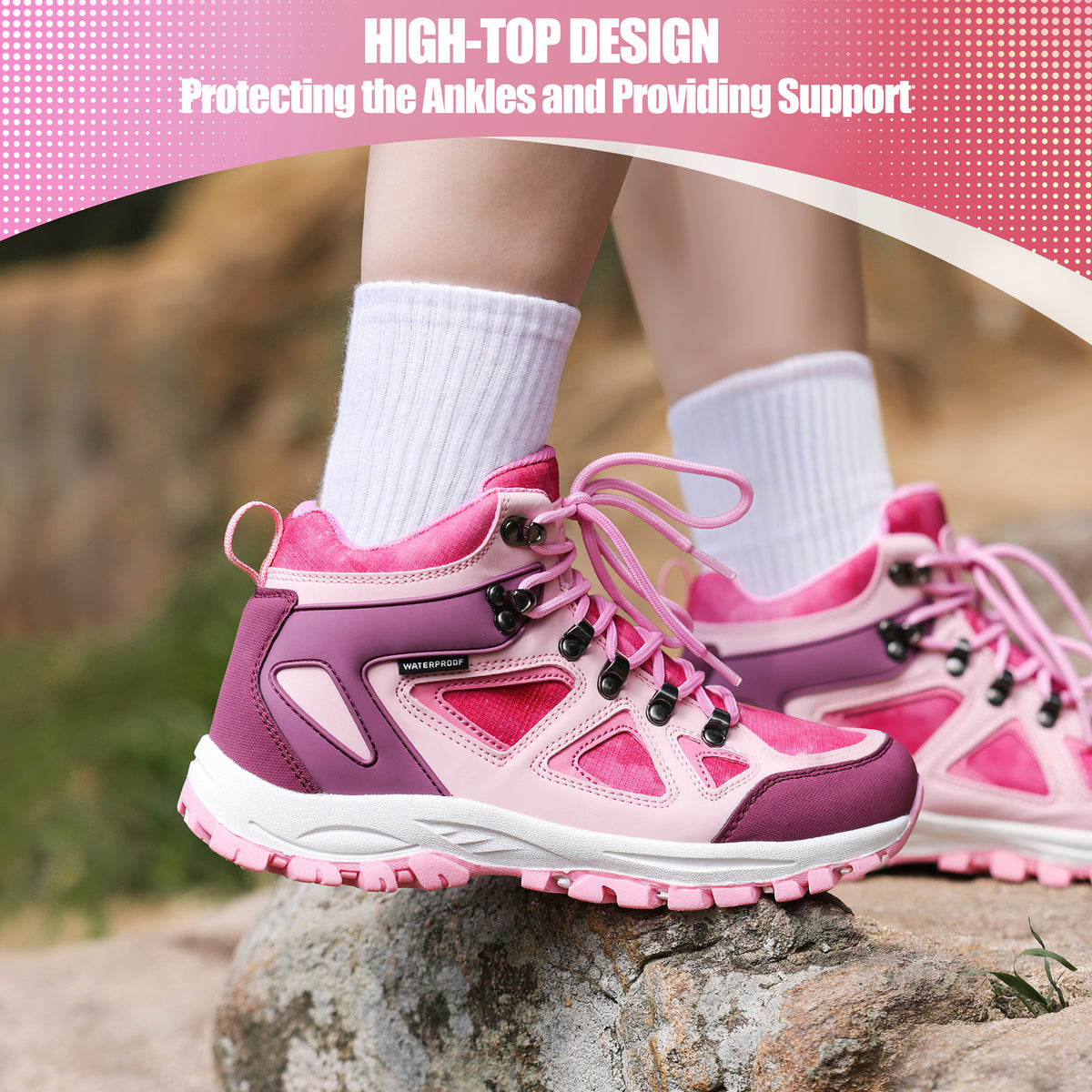kids hiking boots with ankle support for stable steps on family hiking, camping [color:Rose]