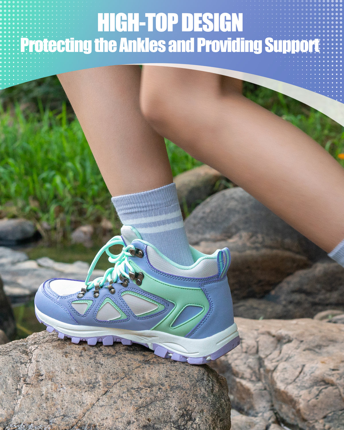 kids hiking boots with ankle support for stable steps on family hiking, camping [color:Turquoise]