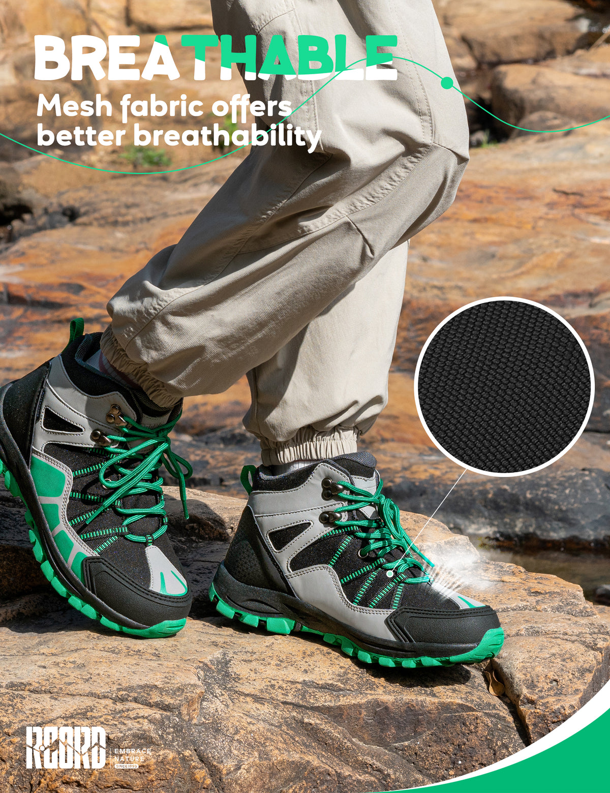 Breathable kids hiking boots for comfortable wear during uneven trails, family hiking, trail walking [color:BlackGreen]
