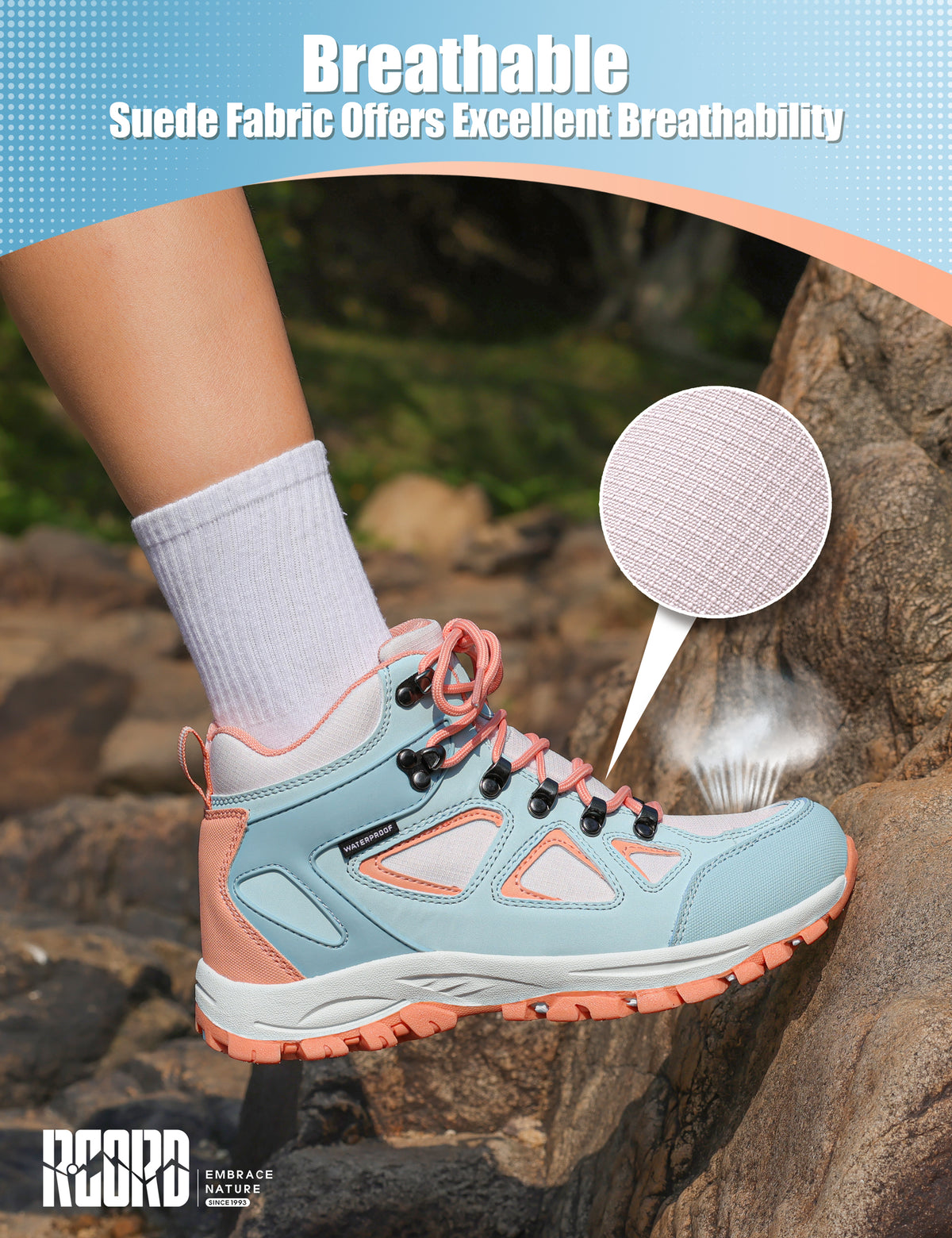 Breathable kids hiking boots with comfortable cushioning for family hiking, camping and wet-weather walks [color:BluePeach]