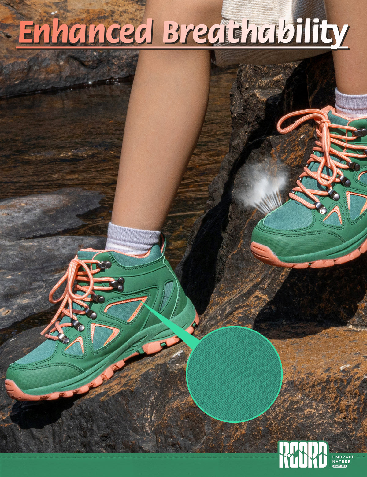 Breathable kids hiking boots with comfortable cushioning for family hiking, camping and wet-weather walks [color:GreenPeach]