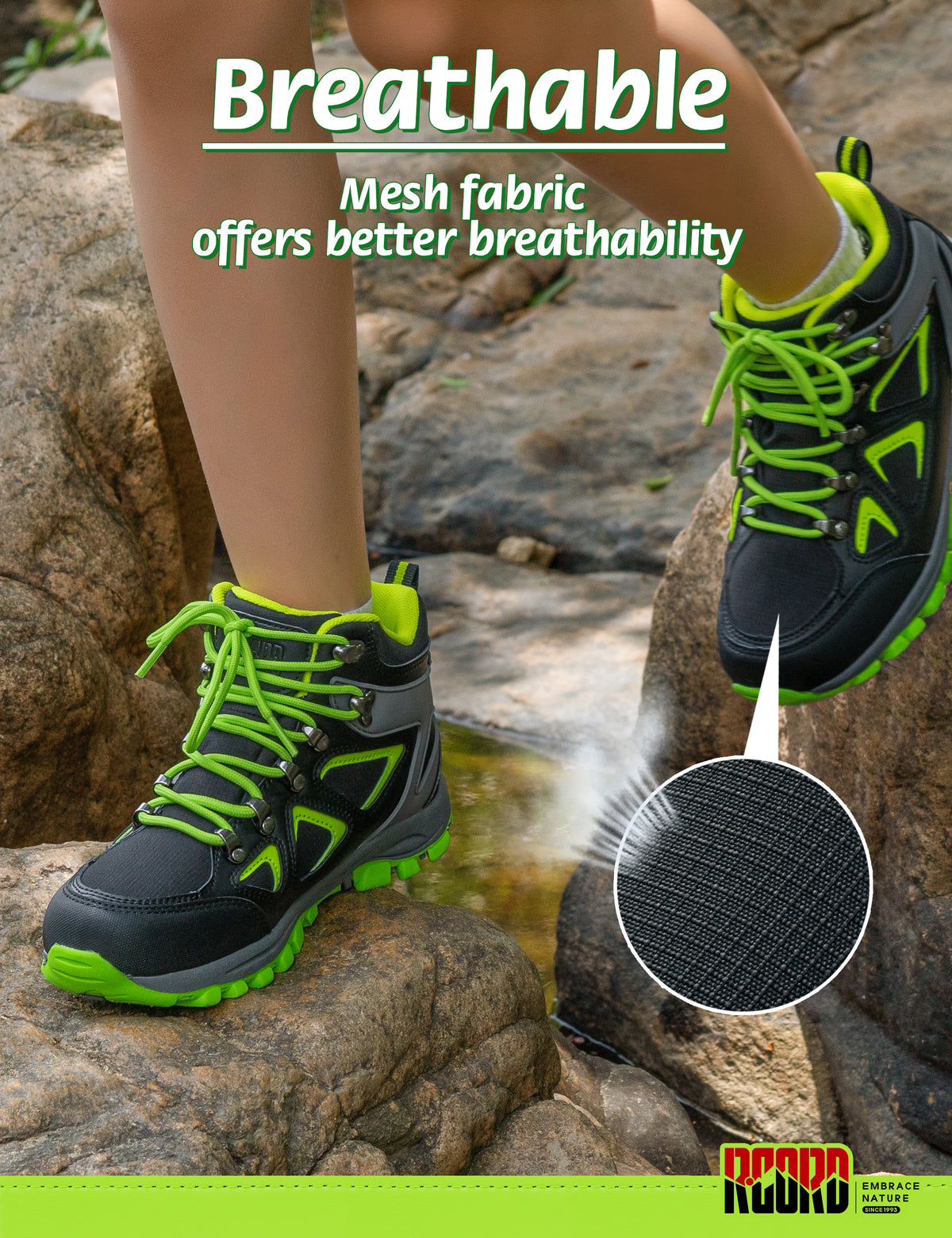 Breathable kids hiking boots with comfortable cushioning for family hiking, camping and wet-weather walks [color:NeonGreen]