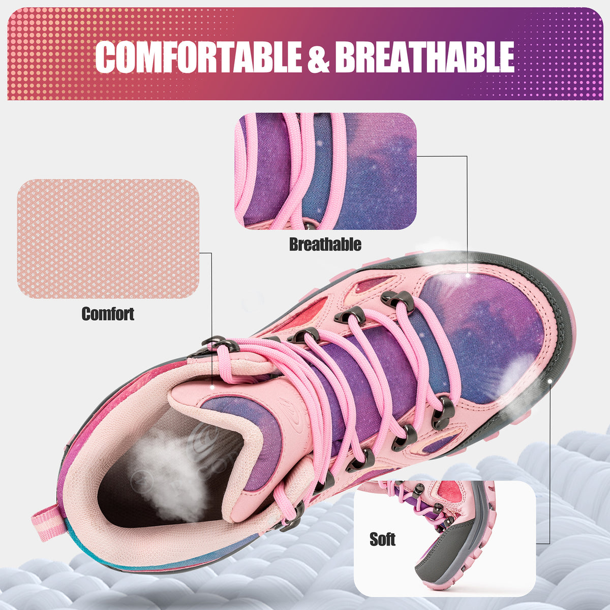 Breathable kids hiking boots with comfortable cushioning for family hiking, camping and wet-weather walks [color:Pink]