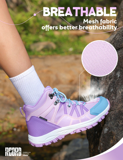 Breathable kids hiking boots for comfortable wear during uneven trails, family hiking, trail walking [color:Purple]